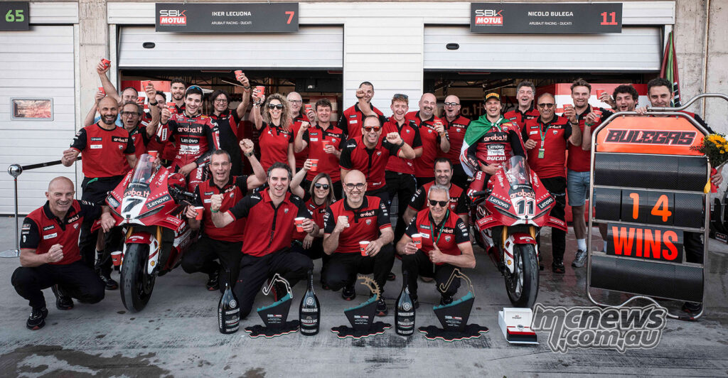 Aruba.it Racing Ducati team celebrate with Nicolo Bulega, Iker Lecuona and a 14 wins sign at Balaton Park.