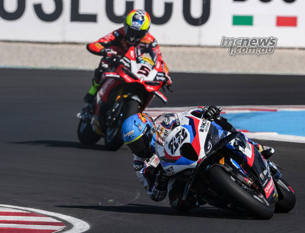 Miguel Oliveira leads Yari Montella through a left-hander during WorldSBK Race 1 at Balaton Park.