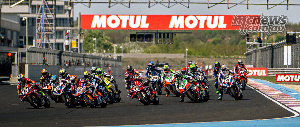 The WorldSBK field starts Race 1 at Balaton Park with Nicolo Bulega launching from pole.