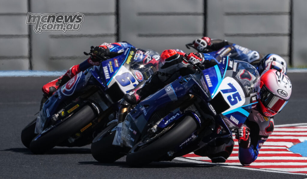 Albert Arenas leads Valentin Debise through a left-hander during WorldSSP Race 1 at Balaton Park.