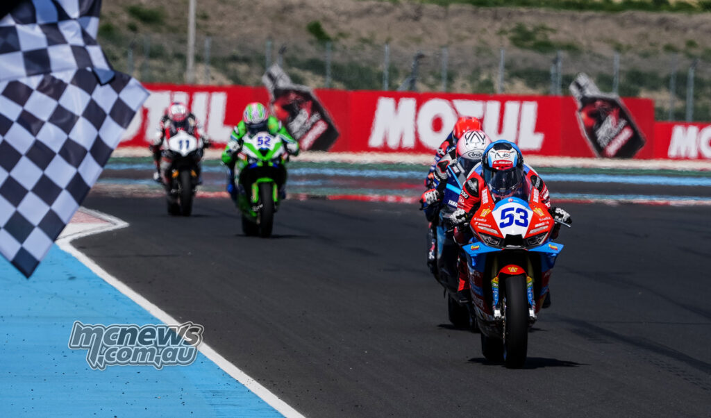 Valentin Debise beats Albert Arenas and Can Oncu to the line in WorldSSP Race 1 at Balaton Park.
