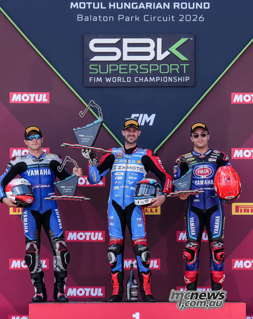 WorldSSP Race 1 podium at Balaton Park with Albert Arenas, Valentin Debise and Can Oncu.