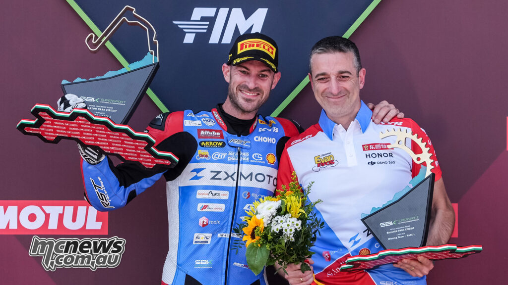 Valentin Debise holds the winner’s trophy after taking WorldSSP Race 1 victory at Balaton Park.