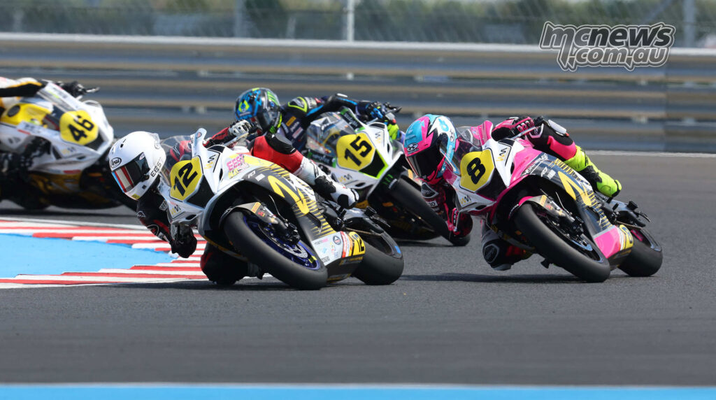 Muklada Sarapuech leads Tayla Relph and Chloe Jones during WorldWCR Race 1 at Balaton Park.