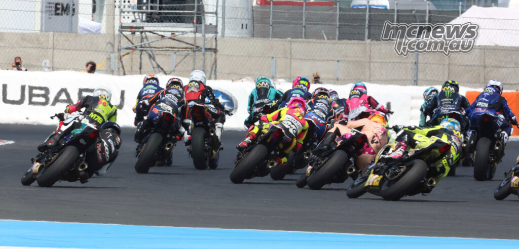 WorldWCR riders exit the opening corner during Race 1 at Balaton Park.