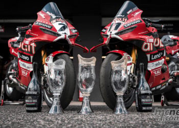 Ducati Panigale V4R race bikes and trophies after WorldSBK Race 1 at Most.