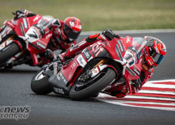 Nicolo Bulega leads Iker Lecuona during WorldSBK Race 2 at Most.