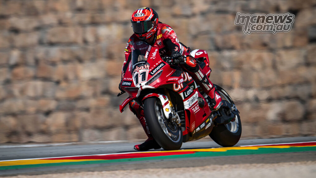 Nicolo Bulega on the Aruba.it Racing Ducati Panigale V4R at MotorLand Aragon.
