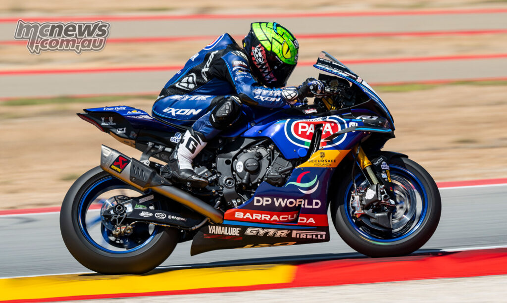 Remy Gardner at speed on the GYTR GRT Yamaha YZF-R1 during Aragon WorldSBK practice.
