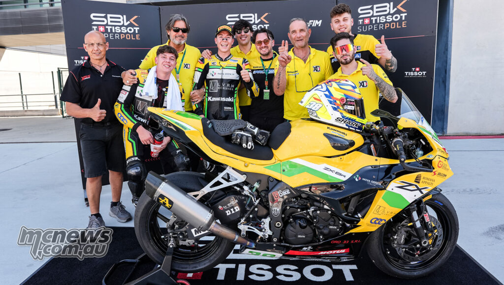 David Salvador and Team ProDina Kawasaki XCI celebrate WorldSPB pole position at Aragon.
