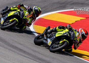 Bruno Ieraci and Eduardo Bartolini riding Triumph Daytona 660s in WorldSPB at Aragon.
