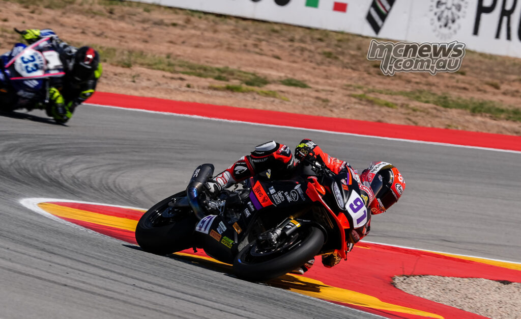 Matteo Vannucci leaning the Revo-M2 Aprilia RS 660 Factory through a left-hander at Aragon.