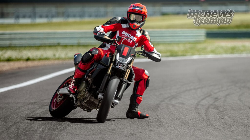 Ducati Hypermotard 698 Mono Nera leaned into a corner on track
