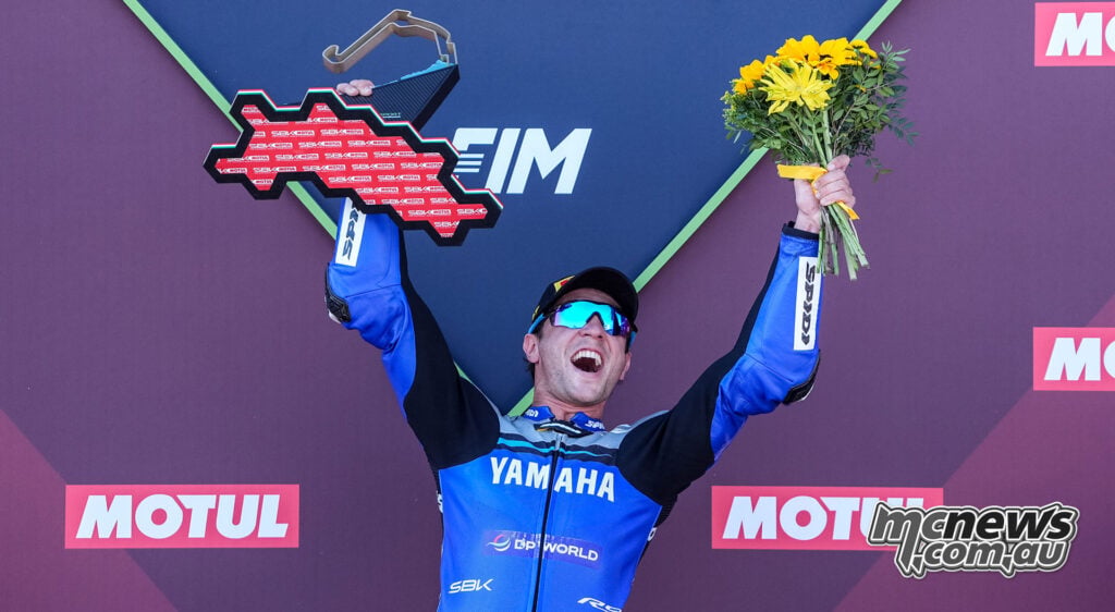 Albert Arenas celebrates on the WorldSSP podium after winning Race Two at Balaton Park.