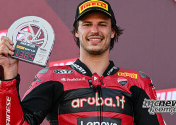 Nicolo Bulega holds the fastest lap trophy after WorldSBK Race Two at Balaton Park.