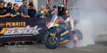 Harrison Voight performing a celebratory burnout after winning the 2026 ASBK Superbike title.