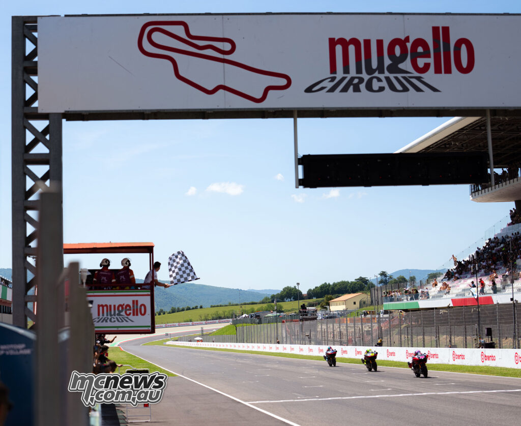 Oscar Gutiérrez, Eric Granado and Archie McDonald crossing the finish line in Bagger World Cup Race One at Mugello.