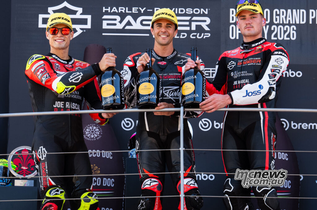 Oscar Gutiérrez, Eric Granado and Archie McDonald on the Bagger World Cup Race One podium at Mugello.