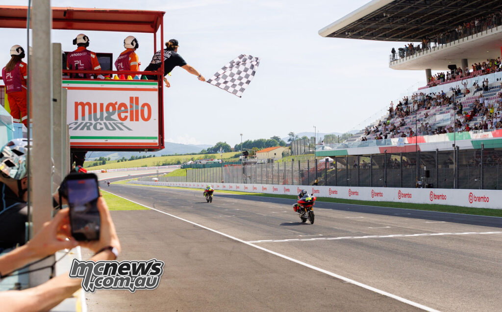 Andrea Iannone crossing the finish line to win Bagger World Cup Race Two at Mugello.