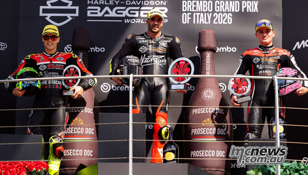 Andrea Iannone, Eric Granado and Archie McDonald on the Bagger World Cup Race Two podium at Mugello.