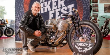 Carl Fogarty beside Mannaia Motorcycles Lulù custom bike and Foggy’s Best award display at Biker Fest International 2026