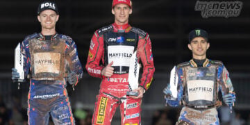 Brady Kurtz, Max Fricke and Jack Holder on the Manchester Speedway GP podium.