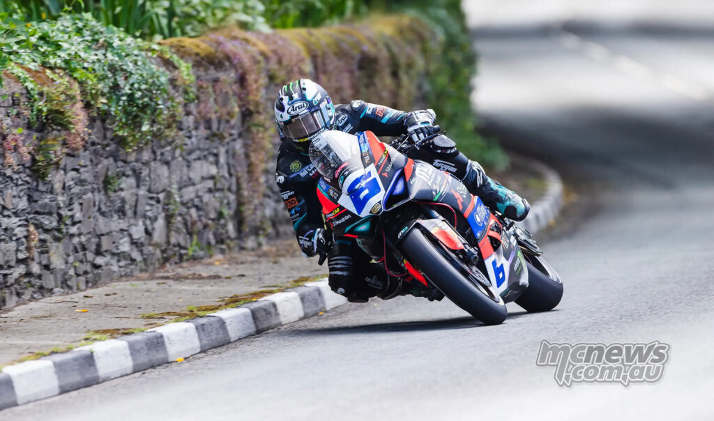 Michael Dunlop rides the number 6 Ducati Panigale V2 through a left-hand bend on the TT Mountain Course.