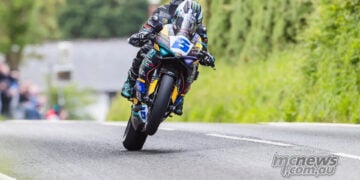 Michael Dunlop lifts the front wheel of his Ducati Panigale V2 during the 2026 Supersport TT.