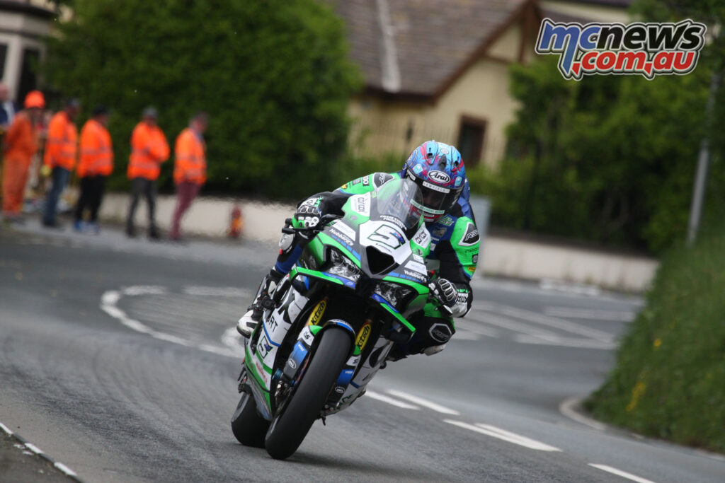 Davo Johnson riding the Platinum Club Kawasaki Superbike on the Mountain Course at the 2026 Isle of Man TT.