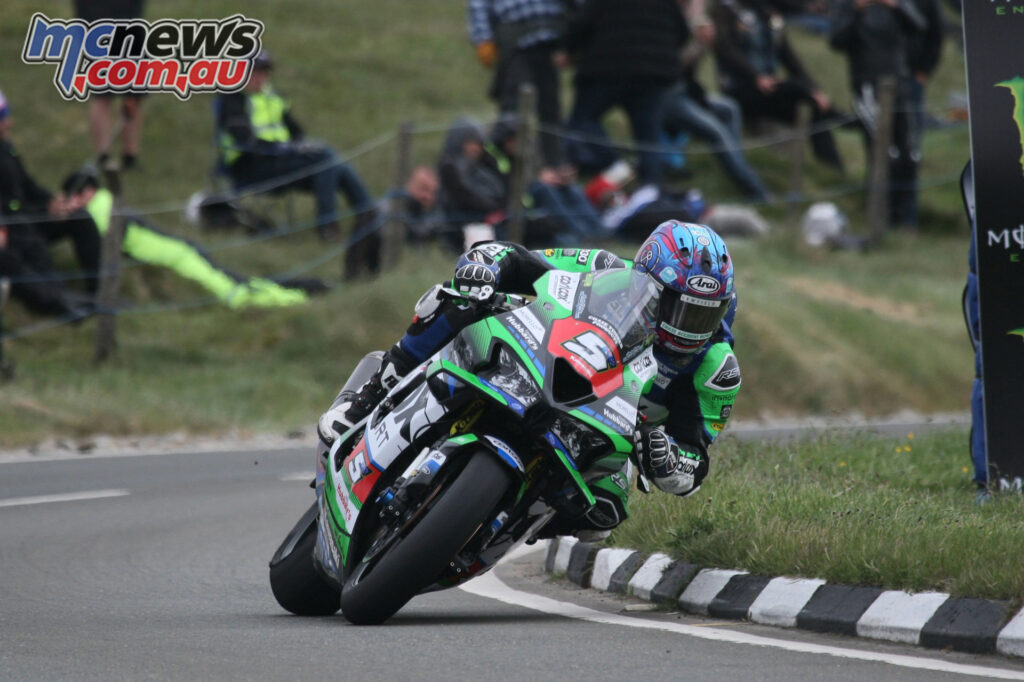 Davo Johnson riding the Platinum Club Kawasaki during practice at the 2026 Isle of Man TT.