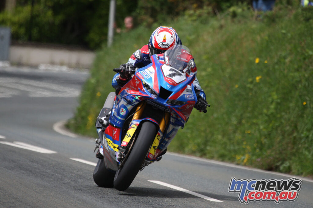 Josh Brookes riding the DAO Racing Honda Fireblade during the 2026 Isle of Man TT Superbike race.