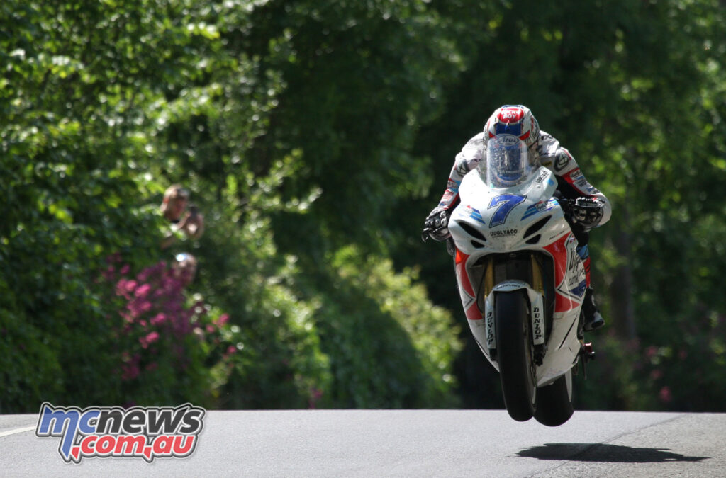 Josh Brookes airborne on the Uggly & Co Suzuki GSX-R750 during the 2026 Supersport TT.