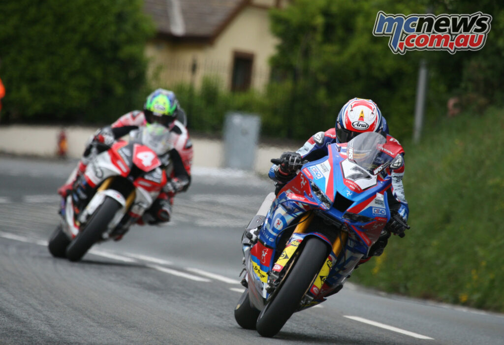Josh Brookes leading Jamie Coward on the Mountain Course during the 2026 Superbike TT.