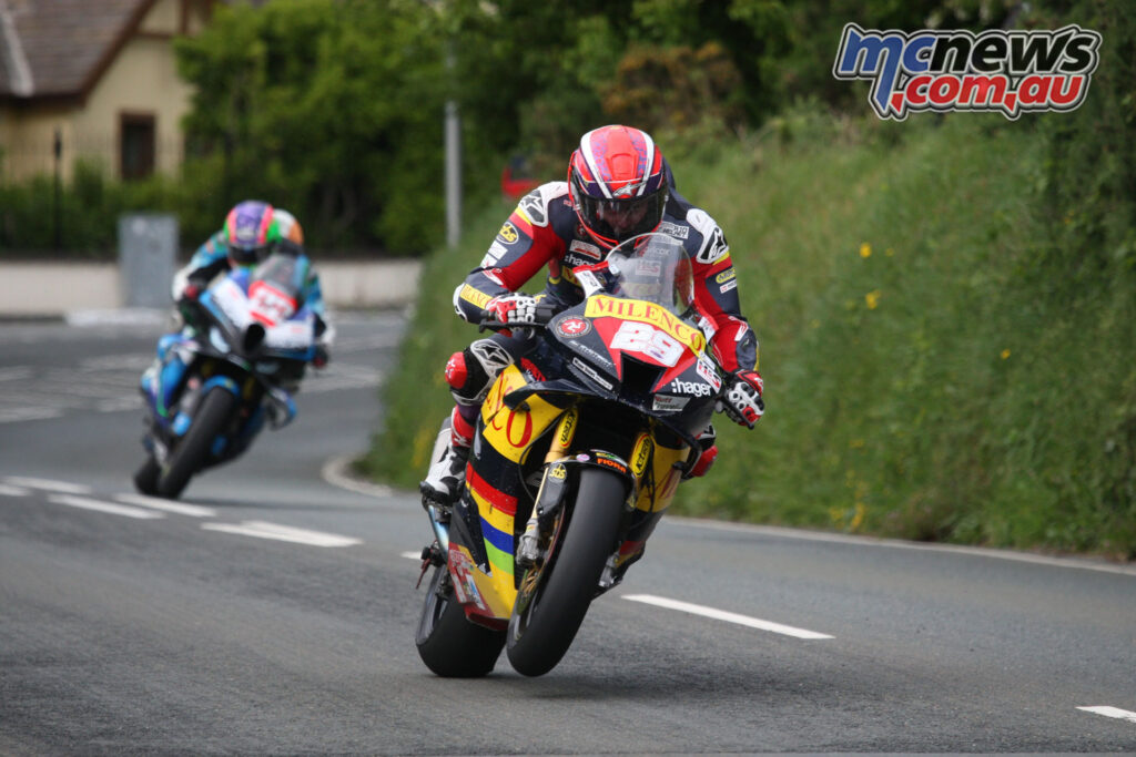 Mitch Rees leading Michael Sweeney during the 2026 Isle of Man TT Superbike race.