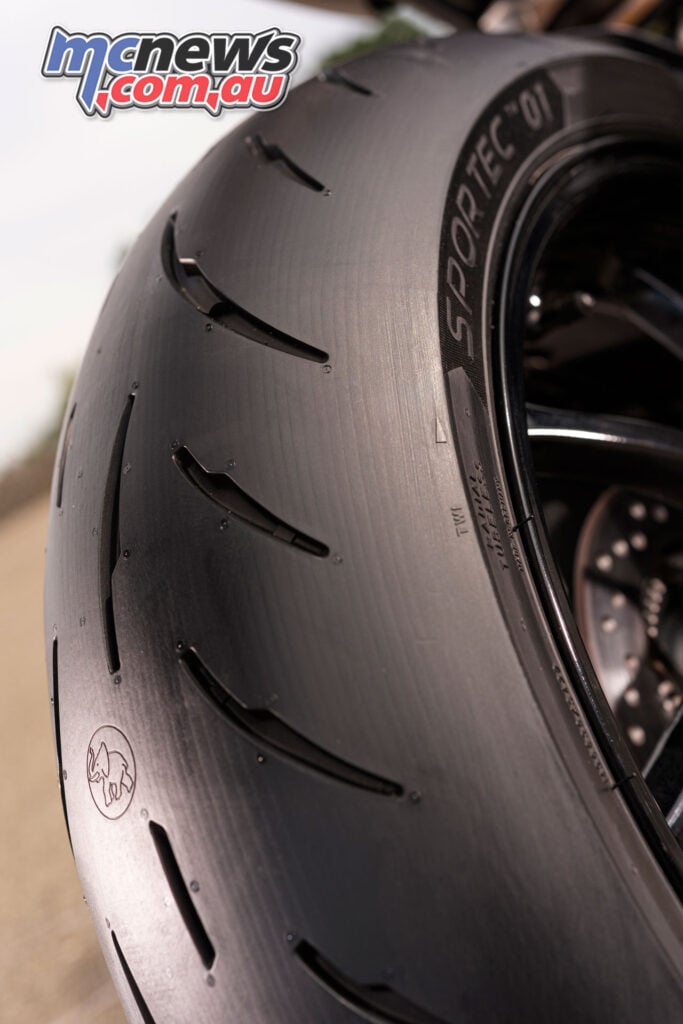 Close-up of Metzeler Sportec 01 motorcycle tyre tread