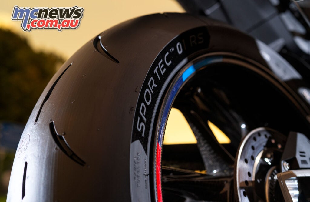 Metzeler Sportec 01 RS rear tyre fitted to a sportsbike wheel