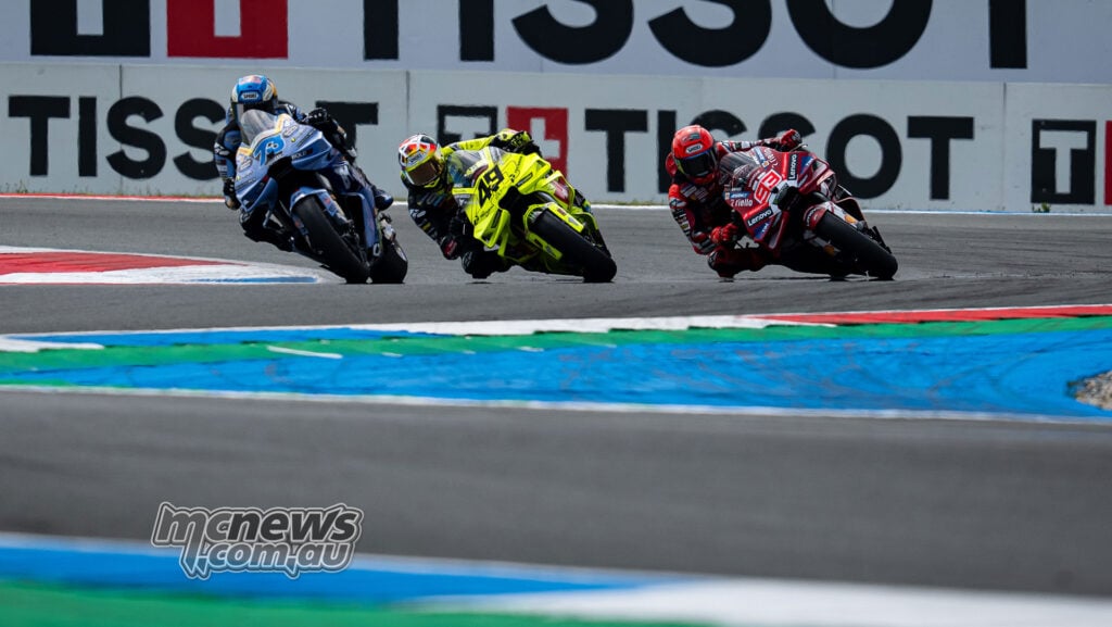Marc Marquez leading Fabio Di Giannantonio through the Assen esses during the Dutch MotoGP.