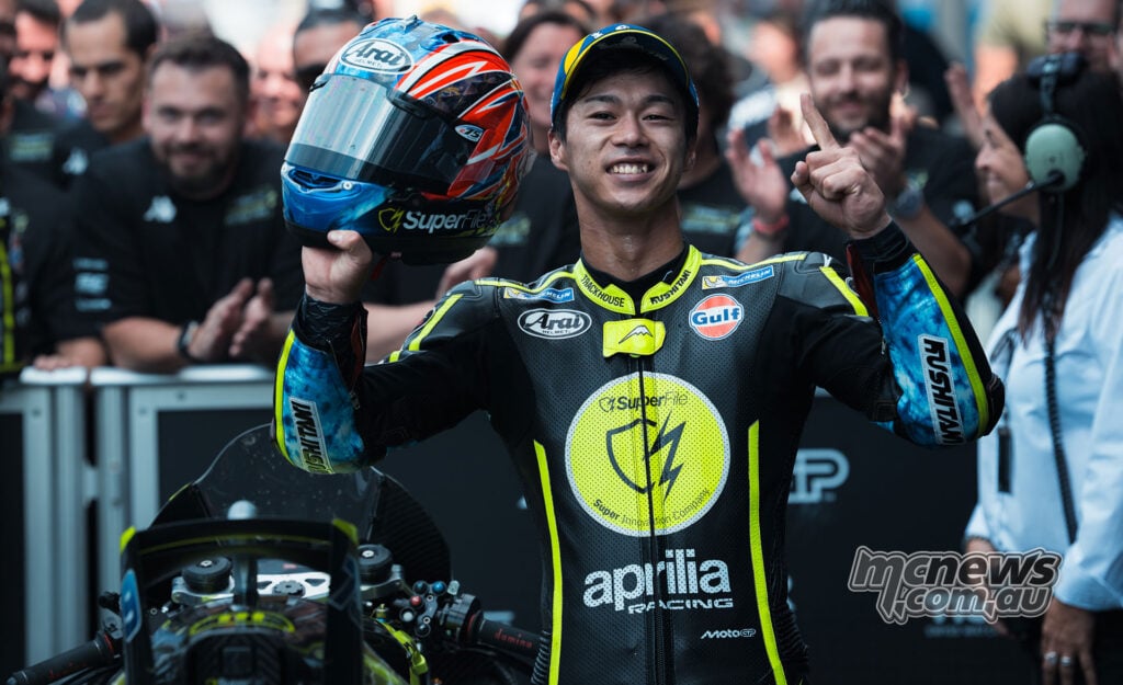 Ai Ogura celebrating in parc ferme after winning the 2026 Dutch MotoGP at Assen.