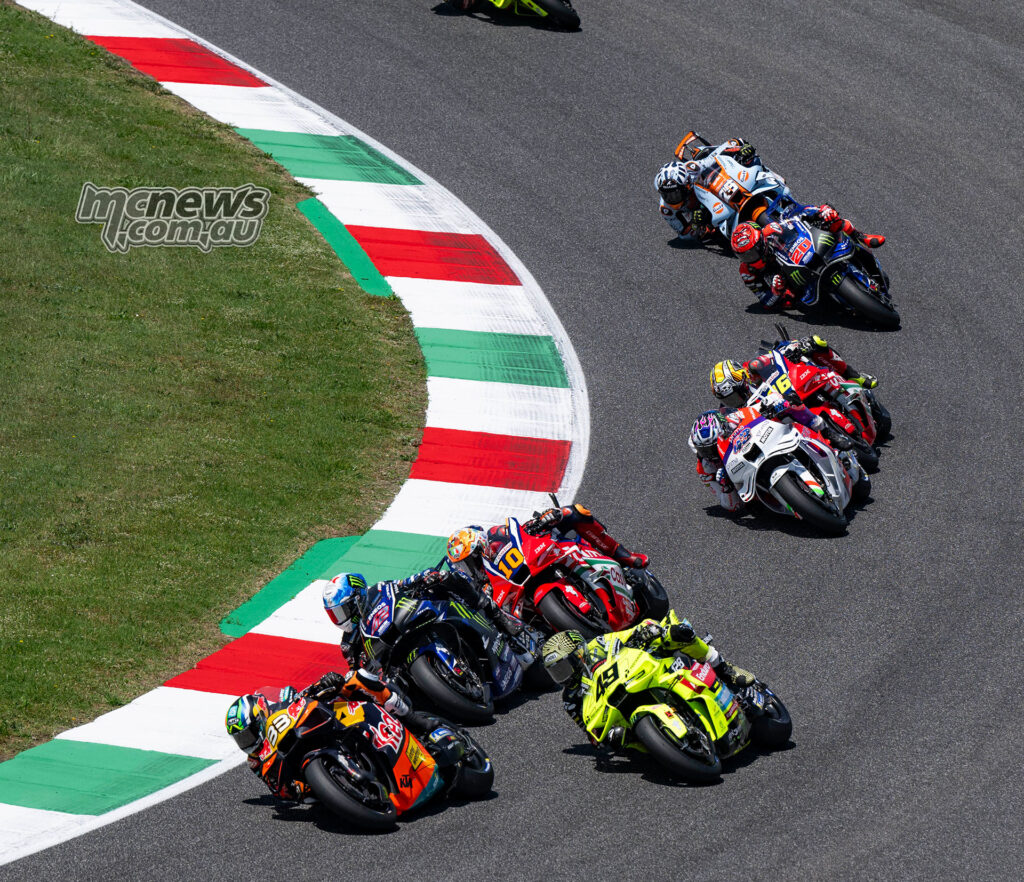 Brad Binder leads Alex Rins, Fabio Di Giannantonio and Luca Marini in a MotoGP group at Mugello.