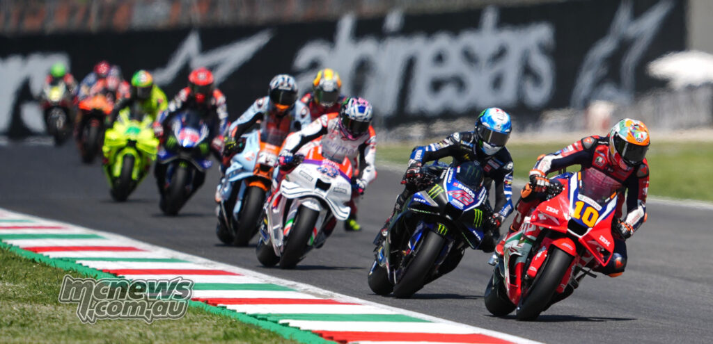 Luca Marini leads Alex Rins and Jack Miller through a Mugello corner.