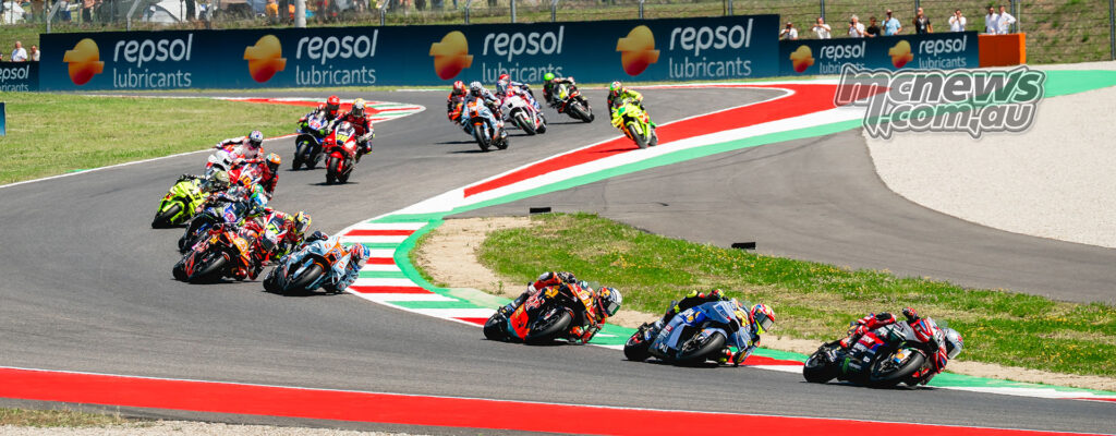 Marc Marquez leads Fermin Aldeguer and Pedro Acosta through a Mugello bend.