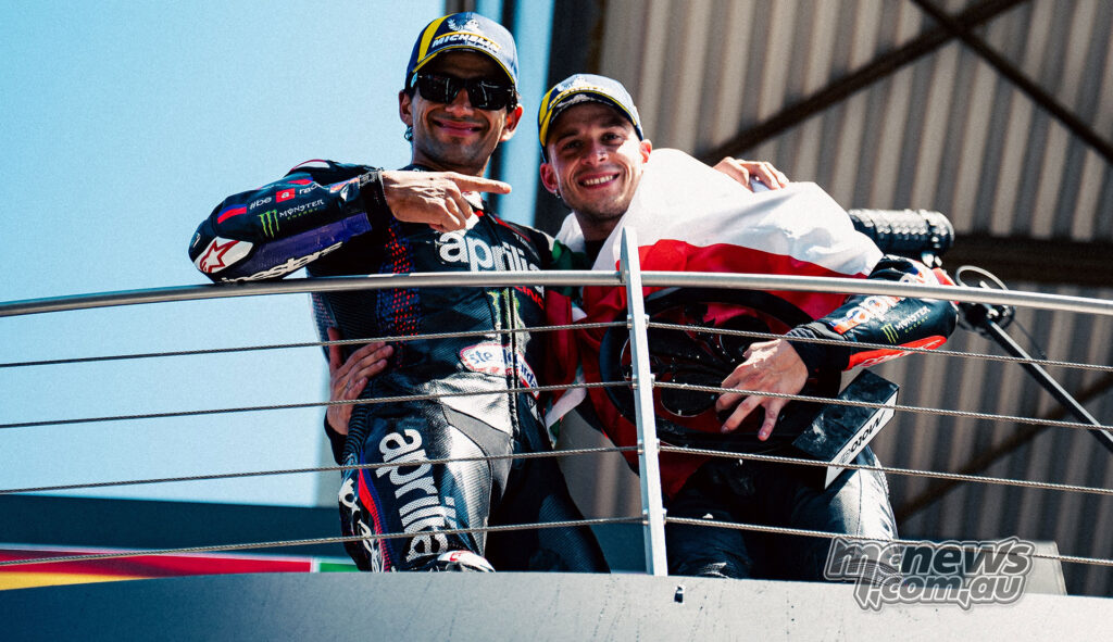 Jorge Martin and Marco Bezzecchi celebrate together on the MotoGP podium at Mugello.