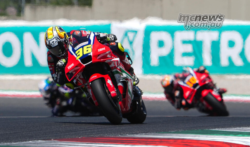 Joan Mir leads Luca Marini on the factory Hondas at Mugello.
