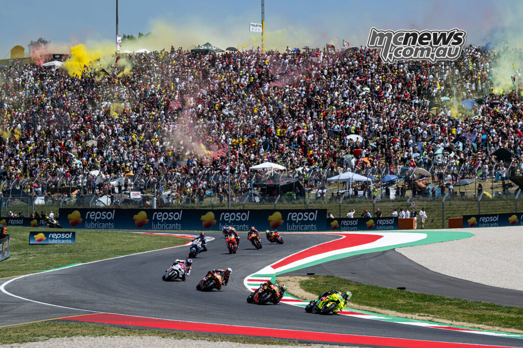 Franco Morbidelli leads Brad Binder and Enea Bastianini through Mugello.
