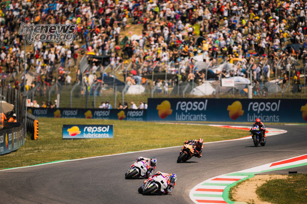 Toprak Razgatlioglu leads Jack Miller through a Mugello corner during the Italian Grand Prix.