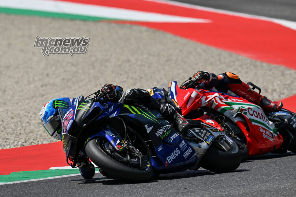 Alex Rins rides the Monster Energy Yamaha through a Mugello corner.