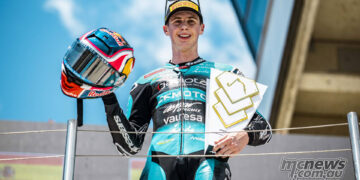 Maximo Quiles holds his Moto3 winner’s trophy on the Hungarian Grand Prix podium.