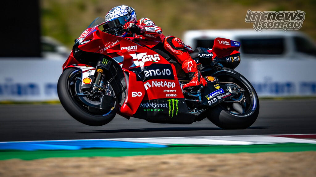 Marc Marquez lifts the front wheel of his factory Ducati during Saturday action at Brno.