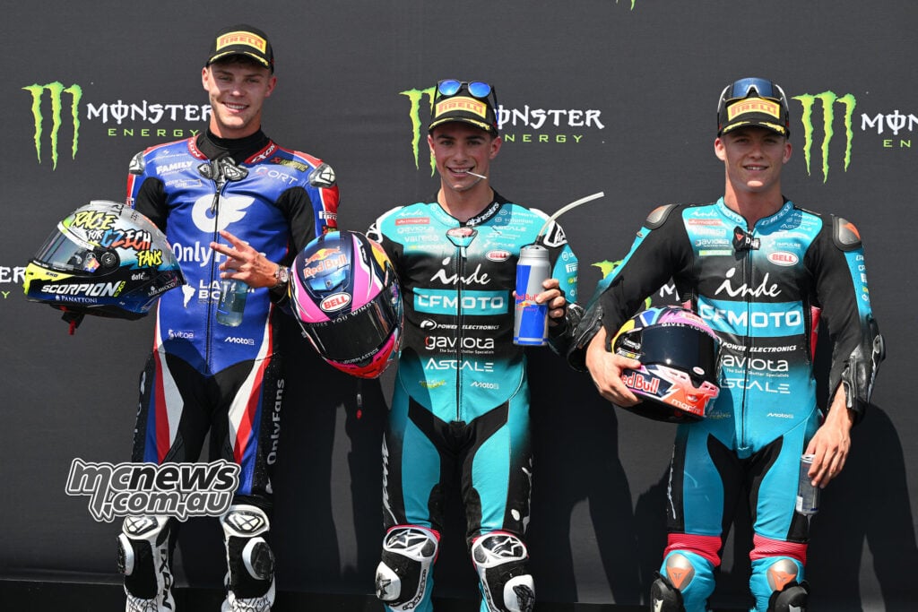 Moto2 front row qualifiers David Alonso, Filip Salač and Daniel Holgado pose at Brno.