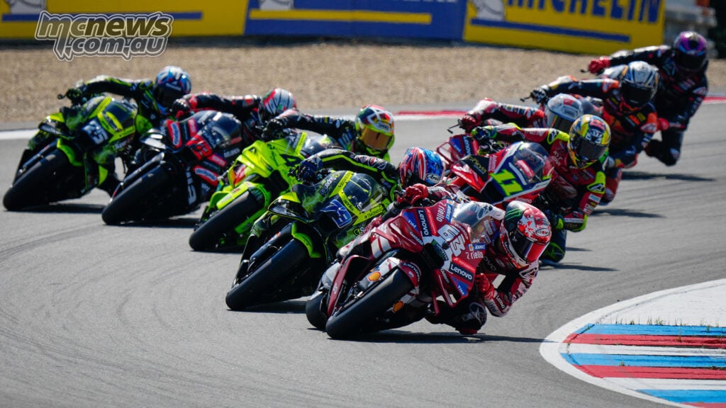 Francesco Bagnaia leads Ai Ogura away at the start of the MotoGP Sprint at Brno.
